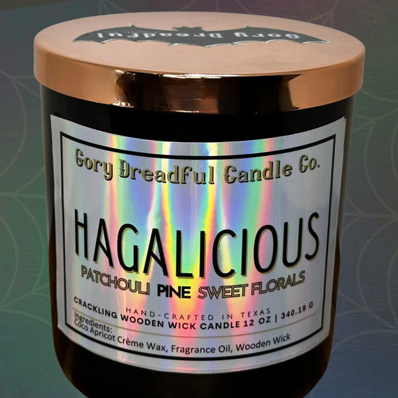 Hagalicious Crackling Wooden Wick Candle: Patchouli Pine Sweet Florals Scent - Picture 1 of 10